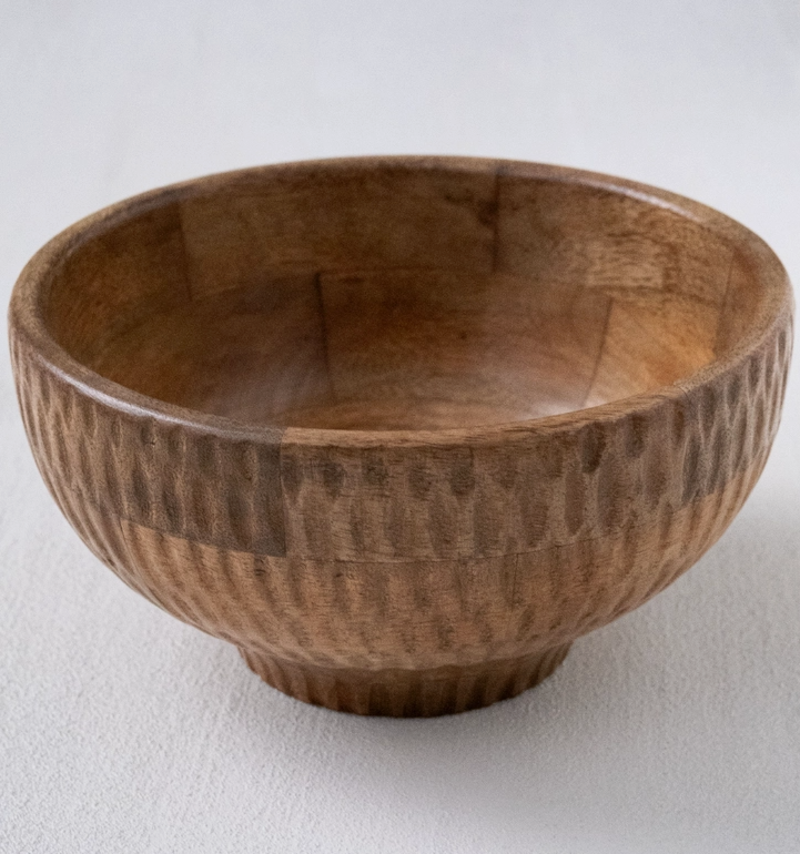 Hand-Carved Textured Wood Footed Bowl