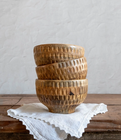 Hand-Carved Textured Wood Footed Bowl